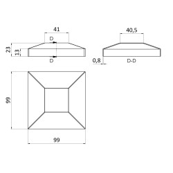 Kryt spodnej príruby (99x99mm /23x0,8mm), otvor:41x41mm, brúsená nerez K320 /AISI304 Kryt spodnej príruby (99x99mm /23x0,8mm), otvor:41x41mm, brúsená nerez K320 /AISI304